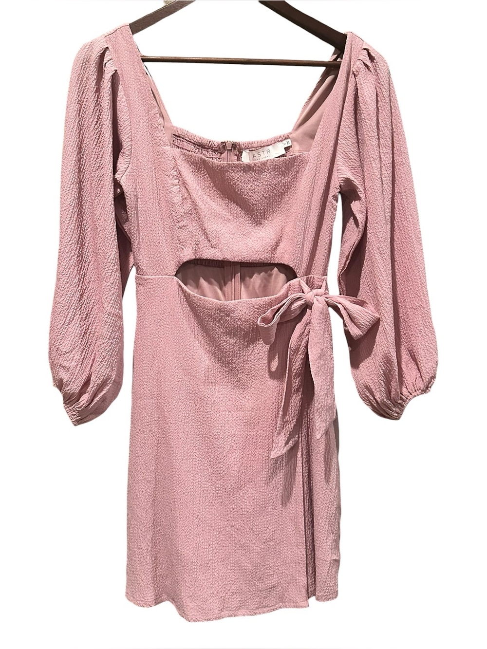 ASTR The Label Pink Square Neck Puff 3/4 Sleeve Mini Dress Bow Zip Size S